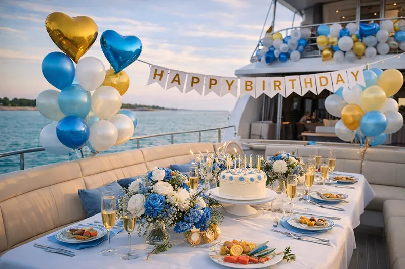 Yacht decoration and table arrangement for birthdays and celebrations.